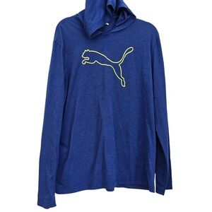 Puma Mens Blue Heathered Hooded Long Sleeve T-Shirt Yellow Logo 850411 XL